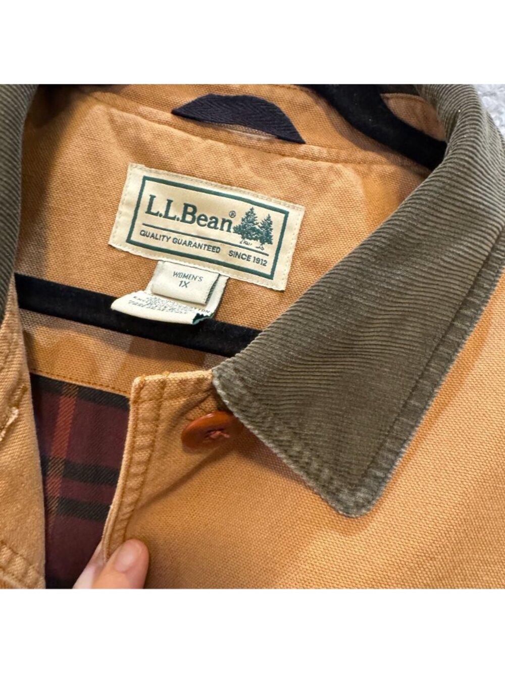 L.L. Bean Original Field Coat Womens 1X 1990s Tan Canvas Plaid Flannel Lining - Picture 3 of 14